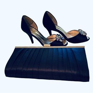 CAPARROS Bejeweled Satin Peep Toe Heels with Matching Clutch in Midnight Blue